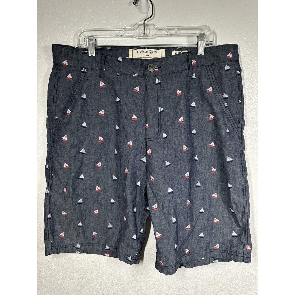 Vintage Genes Shorts Mens 38 Sailboat Print Flat Front Slim‎ Fit Summer